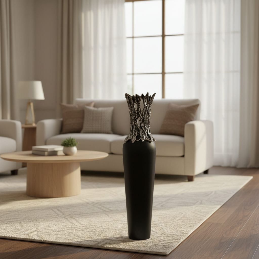 Black vase with decorative top in a living room setting