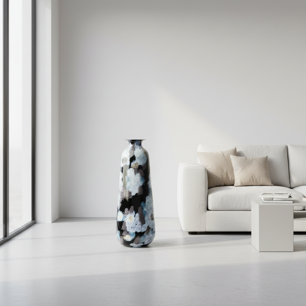 Decorative vase in a modern living room with a sofa and coffee table.