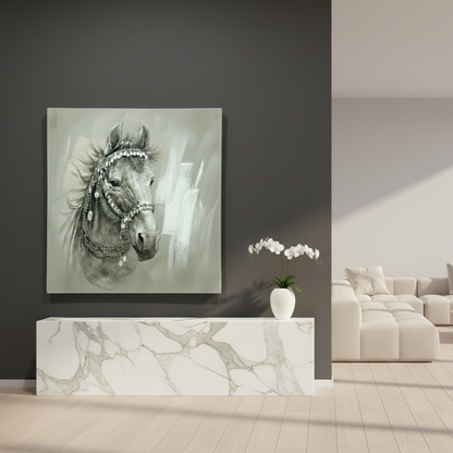Canvas print of a horse's head with decorative elements on a dark wall above a white marble surface.