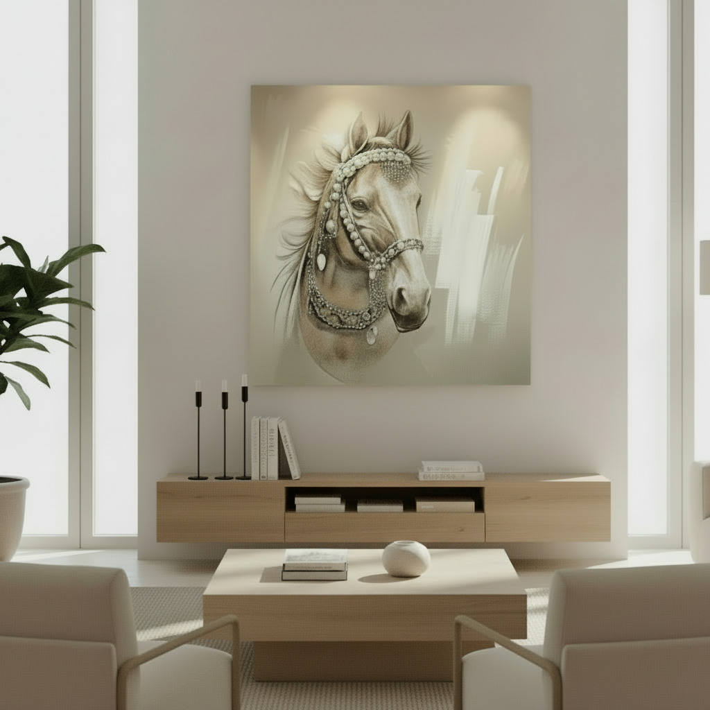 Decorative painting of a horse's head with jewelry on a plain background