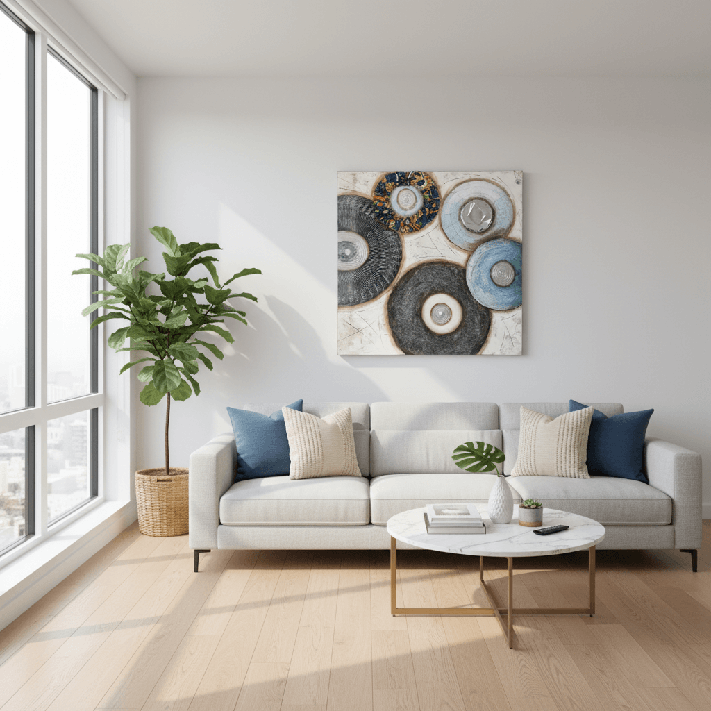 Abstract art piece with circular shapes and metallic textures on a textured surface