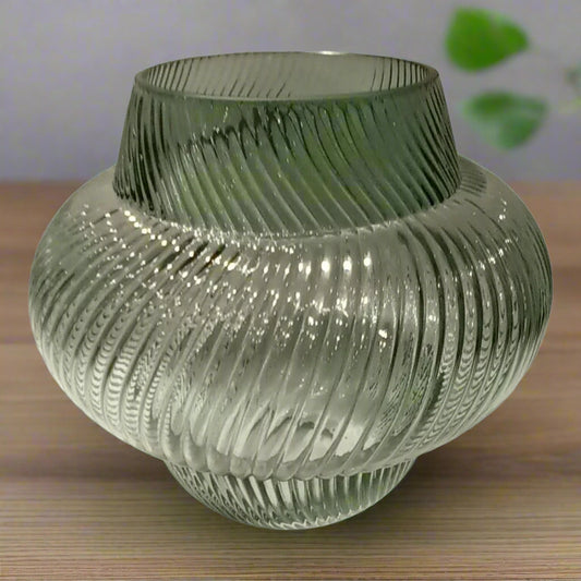 Verdant Swirl: Ribbed Glass Vase with Unique Form