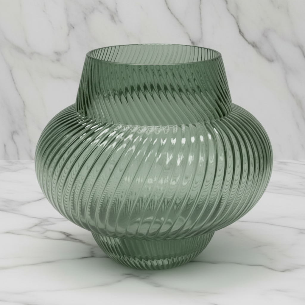A ribbed, translucent green glass vase with a bulbous shape and a flared neck, photographed on a neutral gray gradient background.