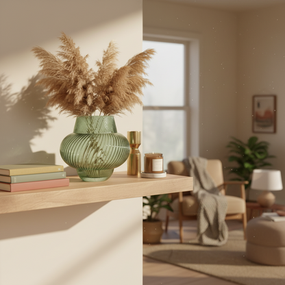 A ribbed translucent sage green glass vase filled with dried pampas grass, styled on a light wood floating shelf in a warm, modern living room.