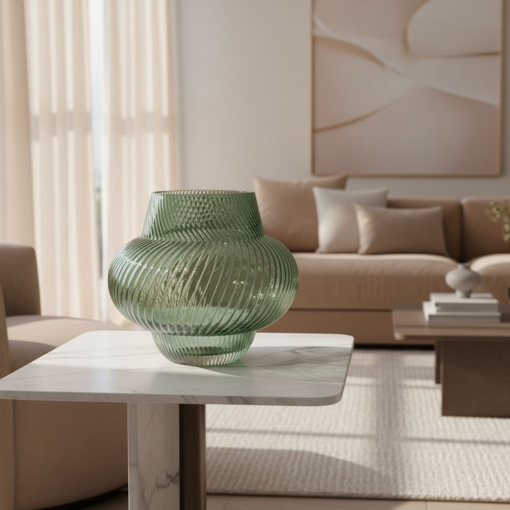 A ribbed, translucent sage green glass vase displayed on a white marble-topped side table in a modern, sunlit living room.