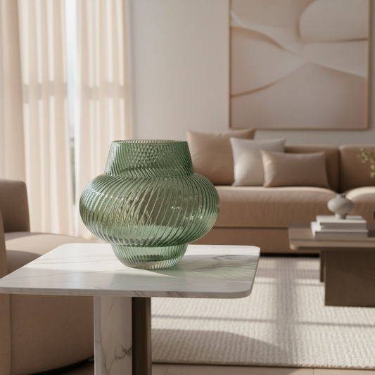 A ribbed, translucent sage green glass vase displayed on a white marble-topped side table in a modern, sunlit living room.