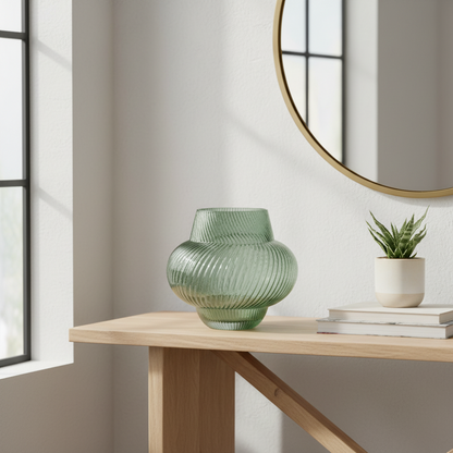 Verdant Swirl: Ribbed Glass Vase with Unique Form