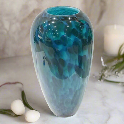 Oceanic Depth: Hand-Blown Art Glass Vase in Teal and Blue