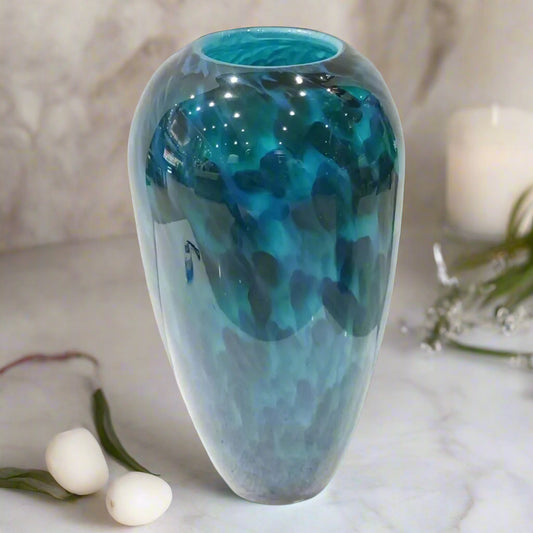 Oceanic Depth: Hand-Blown Art Glass Vase in Teal and Blue