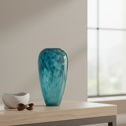 Turquoise glass vase on a wooden surface with a neutral background