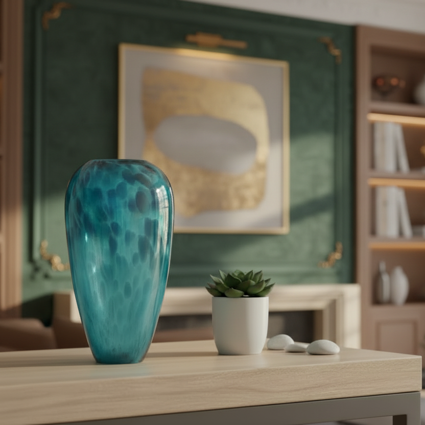 Teal vase on a wooden table with a blurred background of a living room.