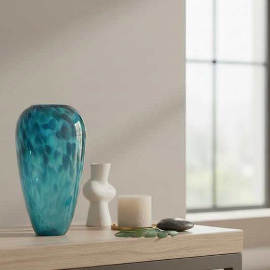 Blue glass vase on a table with a white candle and books in a room with a window.