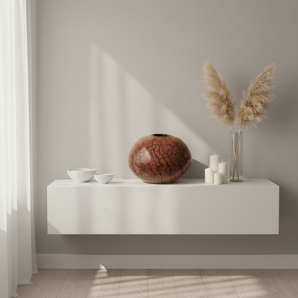 Ceramic vase with a unique crackled glaze pattern on a neutral background