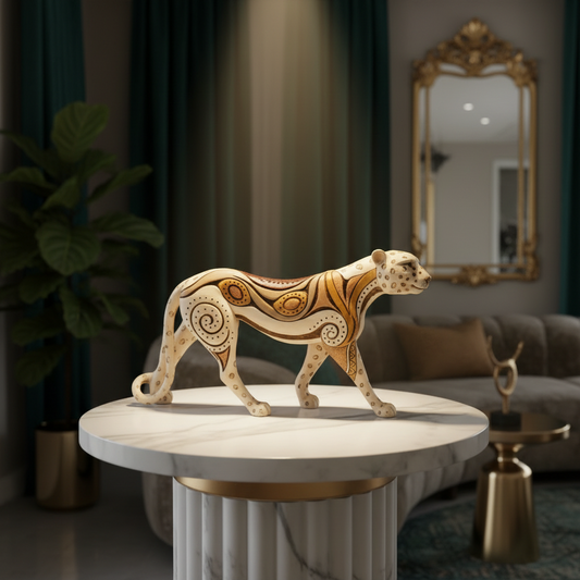 Decorative animal sculpture on a marble table in a stylish room with a mirror and plant.