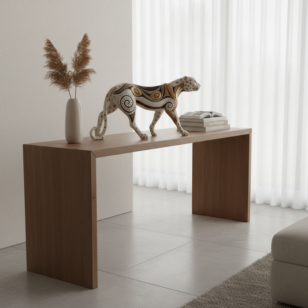 Wooden console table with decorative items in a minimalistic room.