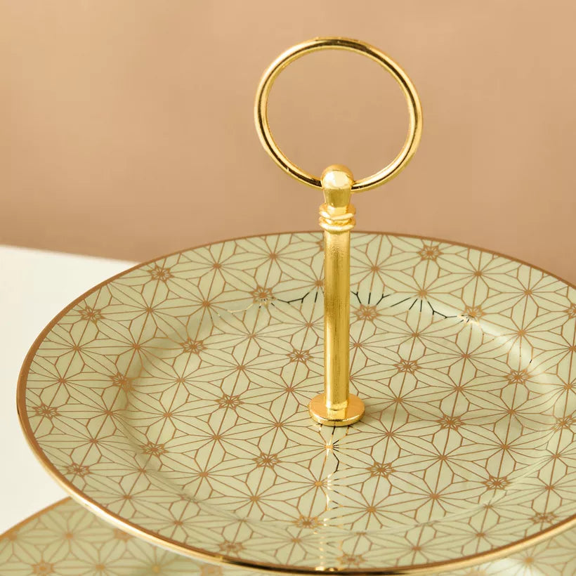 Art Deco Gold Geometric 2-Tier Cupcake Stand – Elegant Porcelain Dessert Server with Modern Appeal