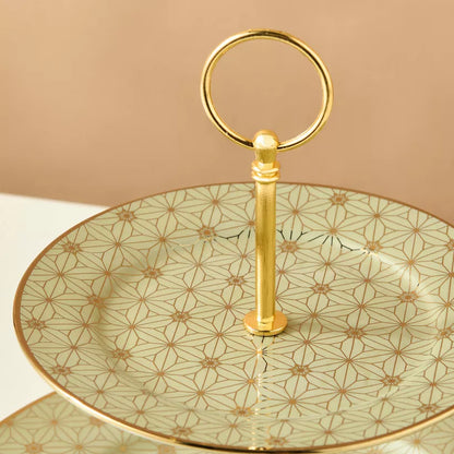 Art Deco Gold Geometric 2-Tier Cupcake Stand – Elegant Porcelain Dessert Server with Modern Appeal