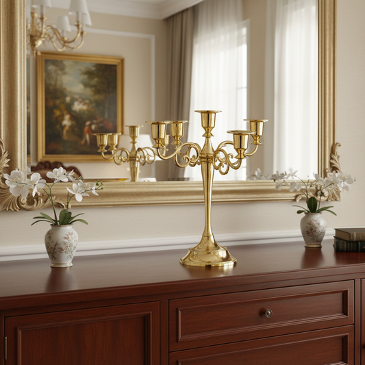 Gold candelabra with five candle holders on a white background