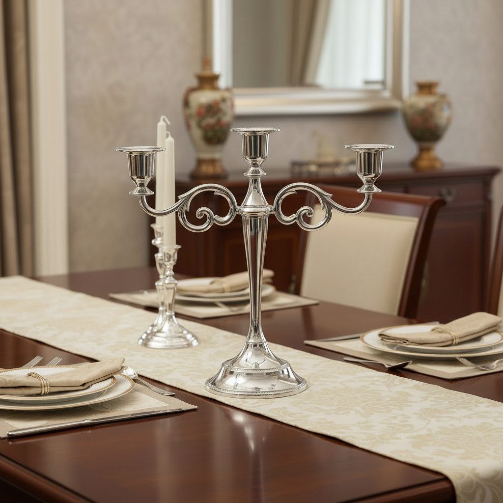 Silver candelabra on a dining table with place settings and decorative vases in the background.