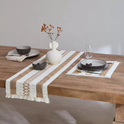 Boho Woven Placemat with Fringe and Geometric Patterns (Set of 8)