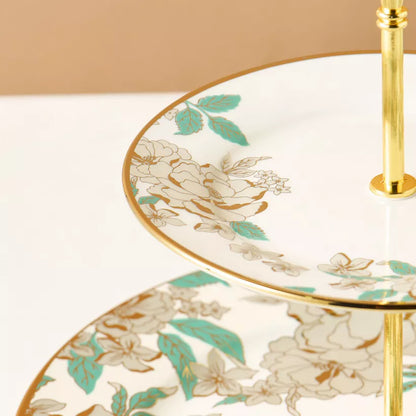Elegant Two-Tiered Floral Cupcake Stand – Ceramic Dessert Server with Gold Accents for Afternoon Tea & Parties