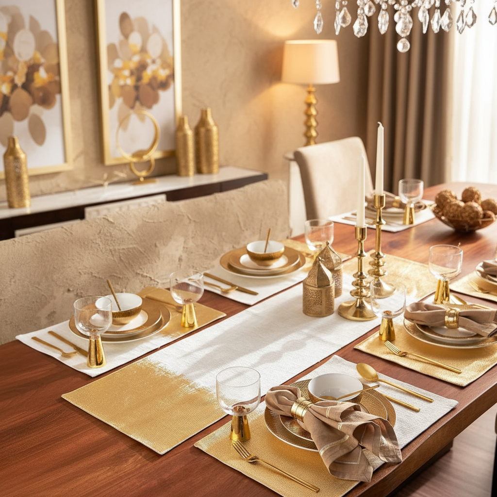 Elegant dining table setting with gold and beige decor in a stylish room.