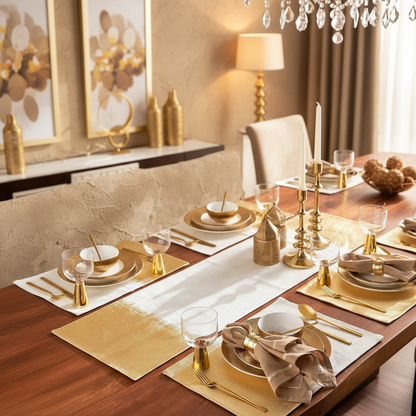 Elegant dining table setting with gold and beige decor in a stylish room.