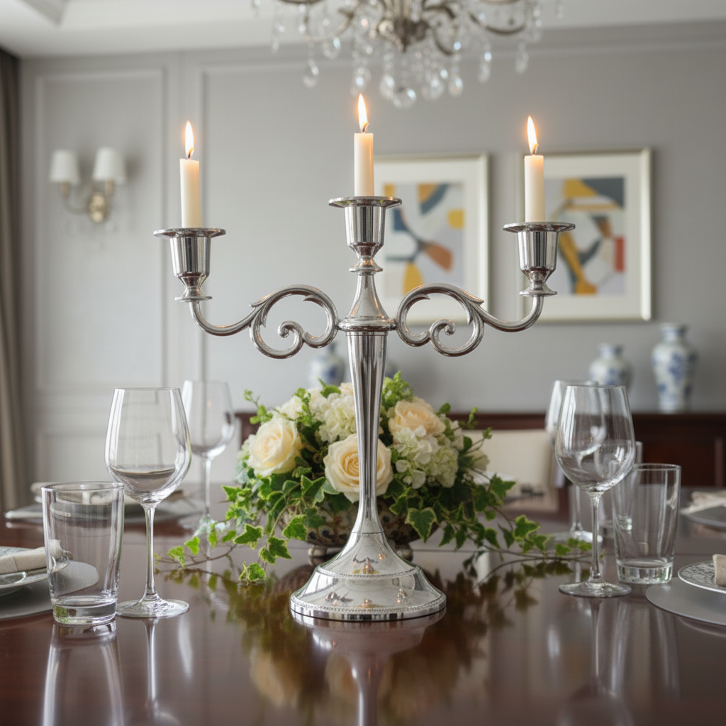 A silver three-arm candelabra with lit white candles is centered on a polished wooden dining table, surrounded by wine glasses, clear drinking glasses, and a floral centerpiece in a formal dining room.