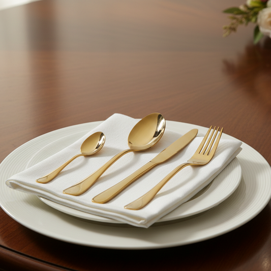 Set of gold cutlery on a white napkin with a blurred background