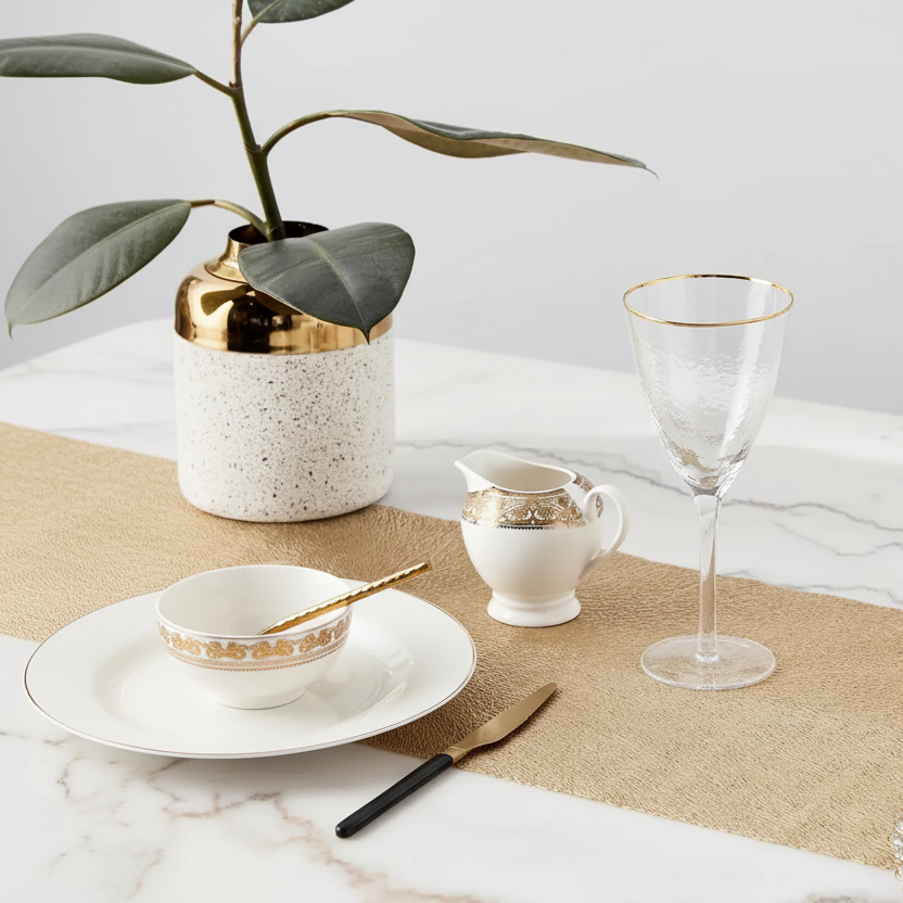 Luxurious Gold Textured Table Runner – Elegant Metallic Weave for Modern Dining