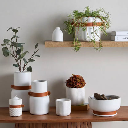 "Terra Glow" Ceramic & Leather Candle Holder