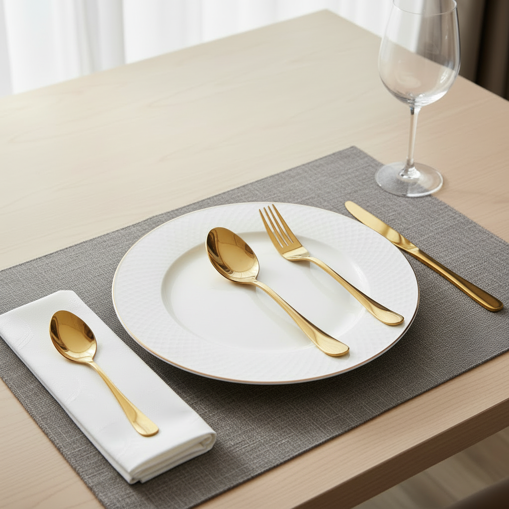 Dining table setting with gold cutlery on a white plate, gray placemat, and glass.