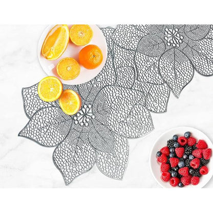 Elegant Silver PVC Floral Cutout Table Runner – Decorative Hollow Lace Design for Modern Dining