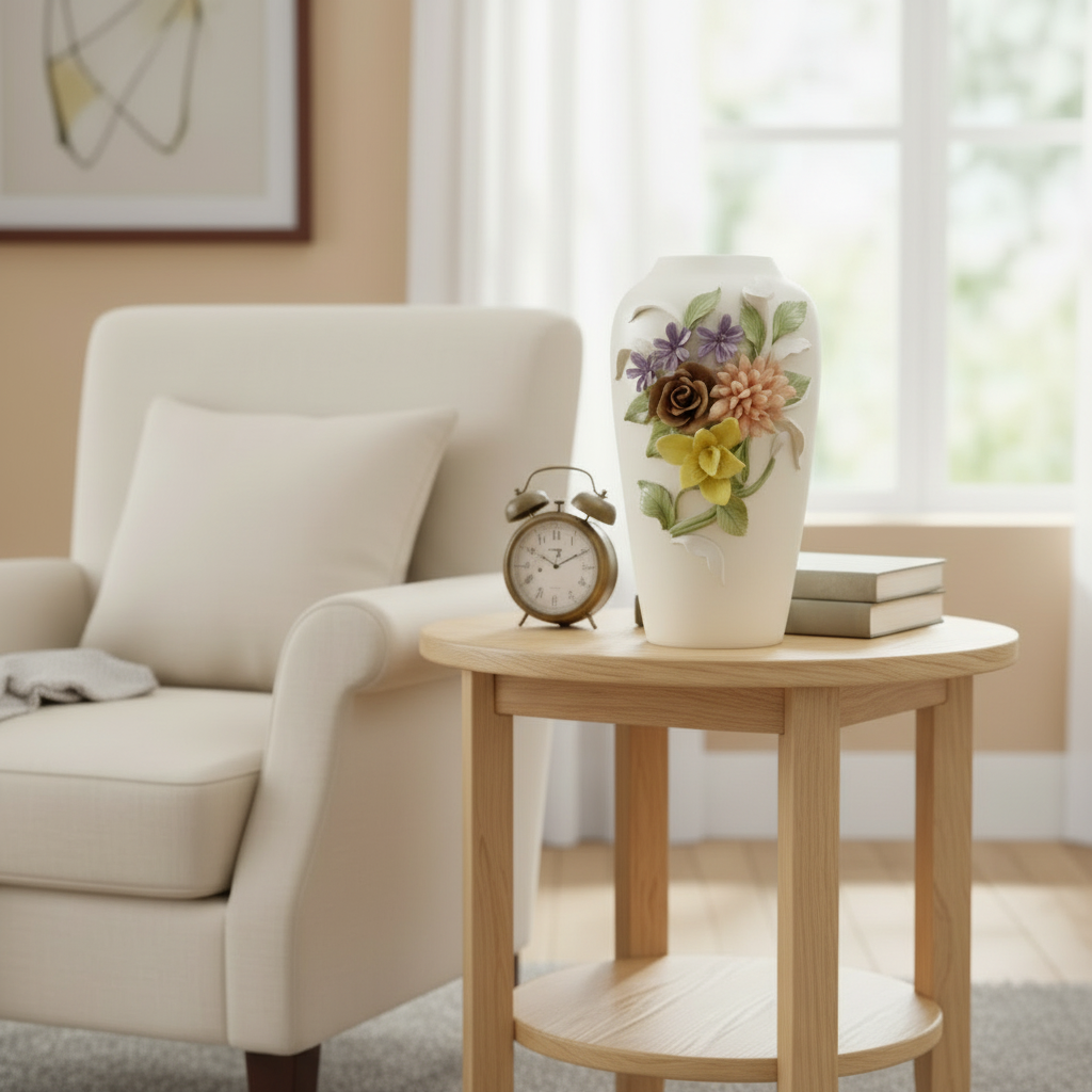Decorative vase with floral design on a wooden side table next to a beige armchair.