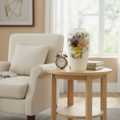 Decorative vase with floral design on a wooden side table next to a beige armchair.