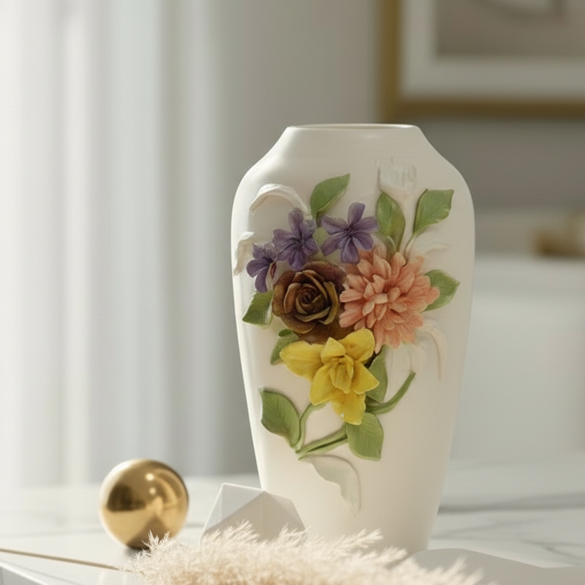 Decorative vase with floral design on a table
