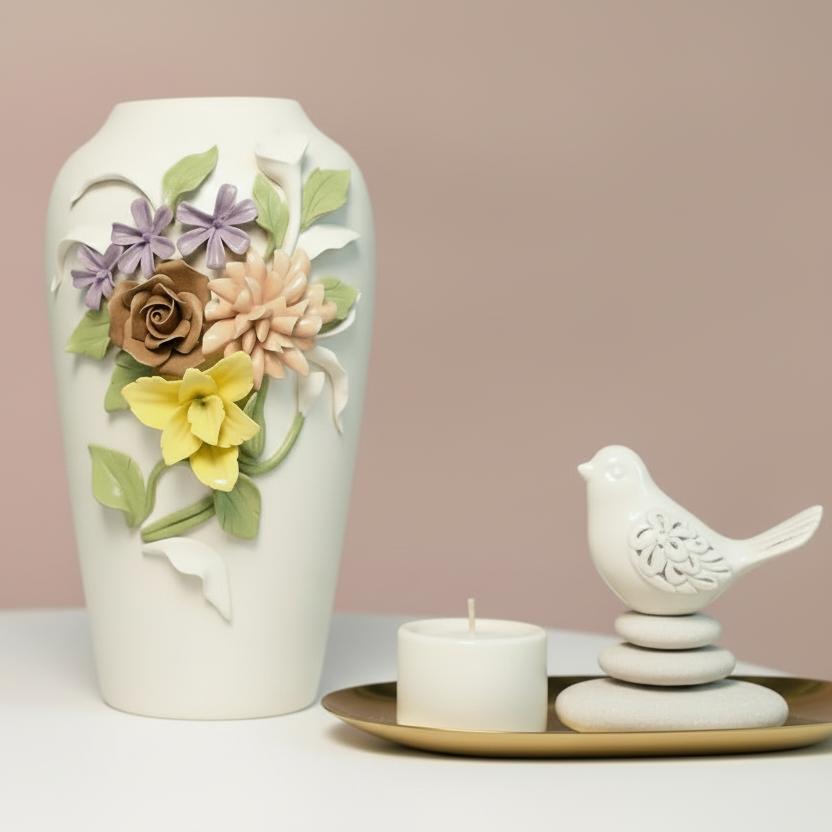Decorative vase with floral design on a white surface against a beige background