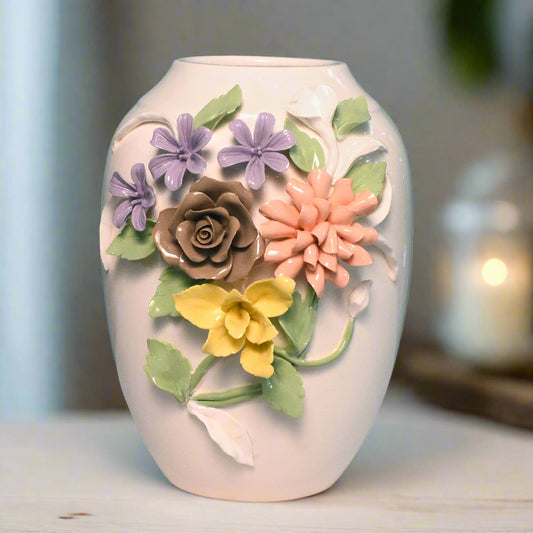 Everlasting Bloom: Hand-Applied Floral Ceramic Vase (Big)