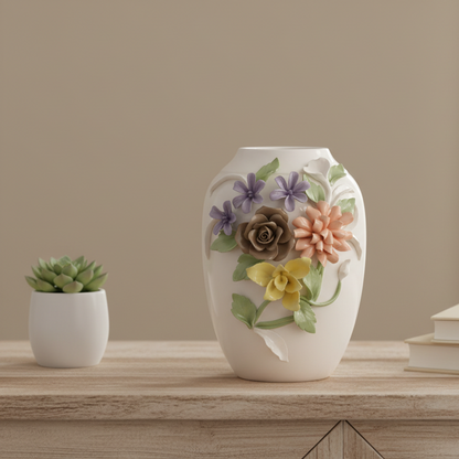 Decorative vase with floral design on a wooden surface