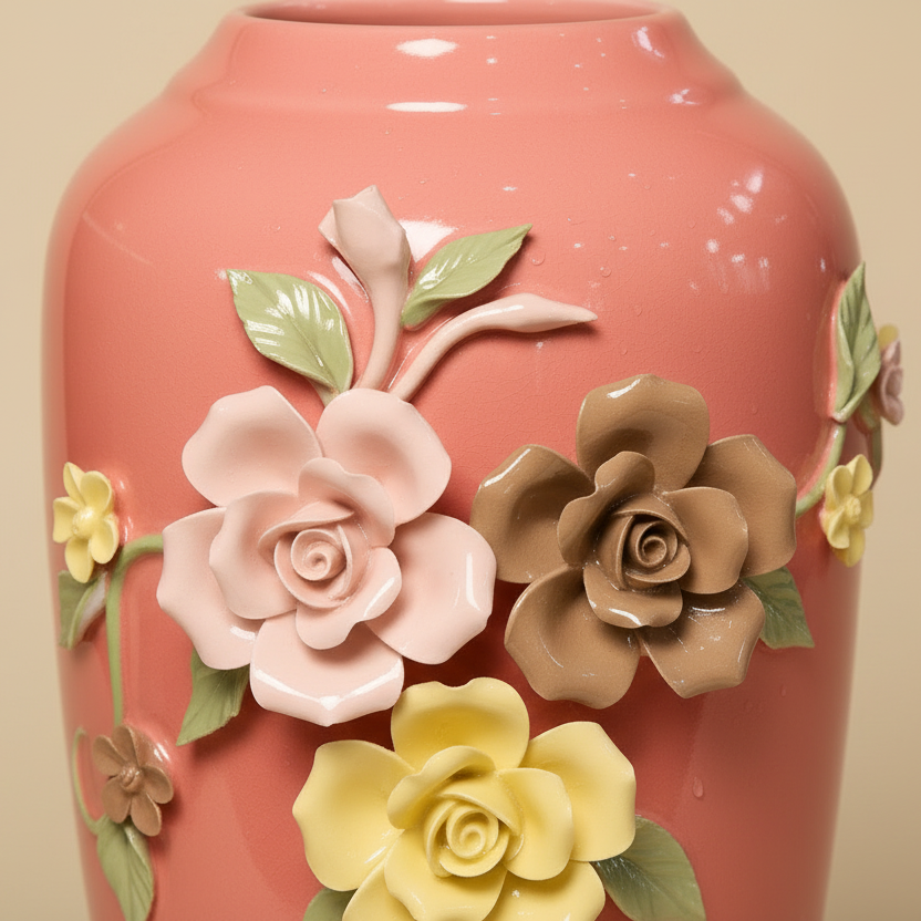 Decorative pink vase with floral designs on a beige background