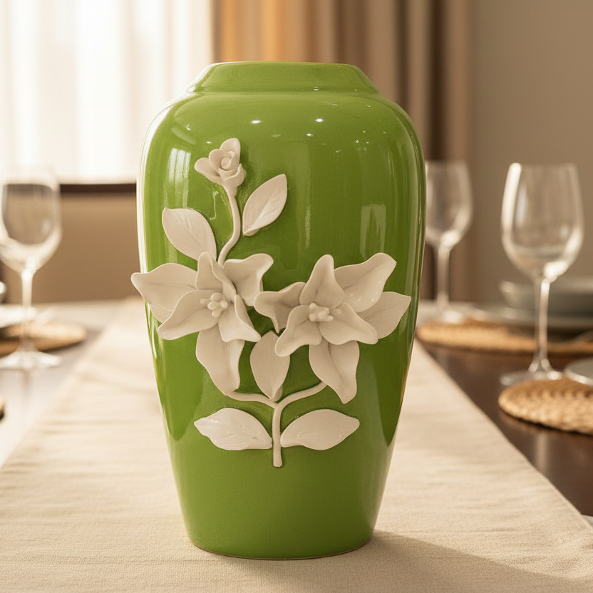 Green vase with floral design on a dining table
