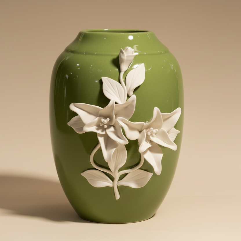 Green ceramic vase with white floral designs on a beige background