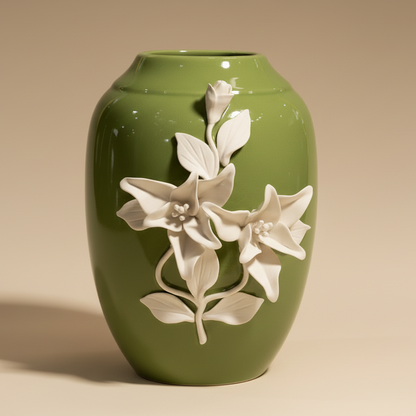 Green ceramic vase with white floral designs on a beige background