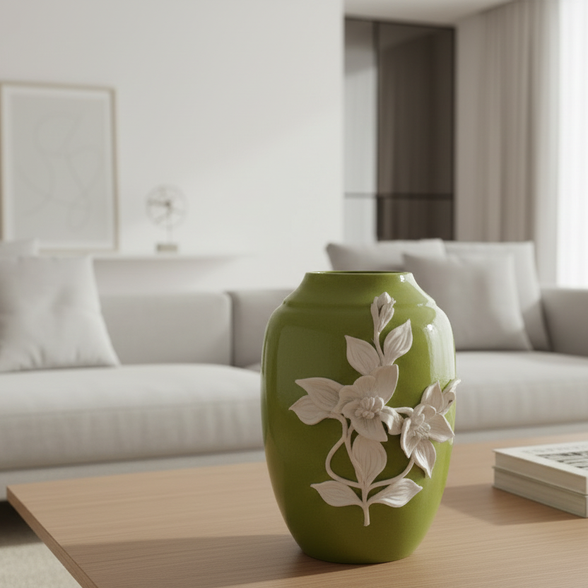 Green vase with floral design on a wooden table in a living room.
