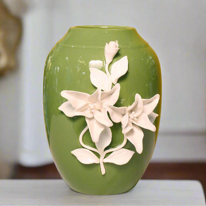 Verdant Elegance: Ceramic Vase with Sculpted White Blooms (Wide)