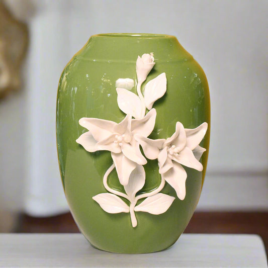 Verdant Elegance: Ceramic Vase with Sculpted White Blooms (Wide)