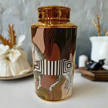 Equine Mirage: Artistic Decorative/Ginger Jar with Zebra Stripes and Gold Accents (Large)