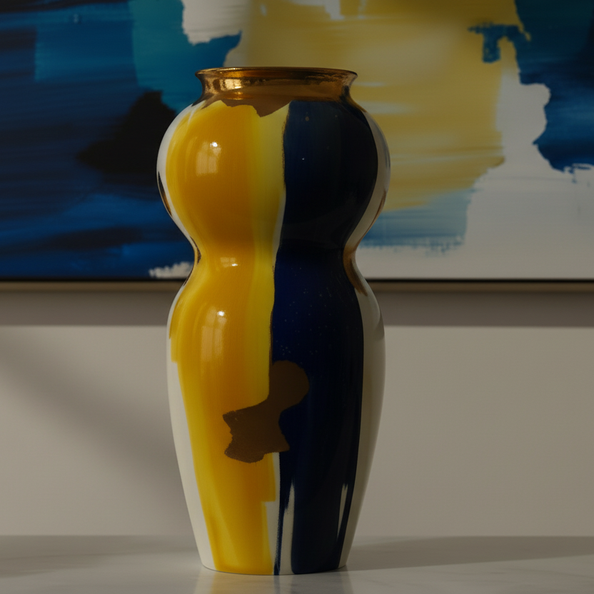 Vase with yellow and black design on a white surface with abstract painting in the background