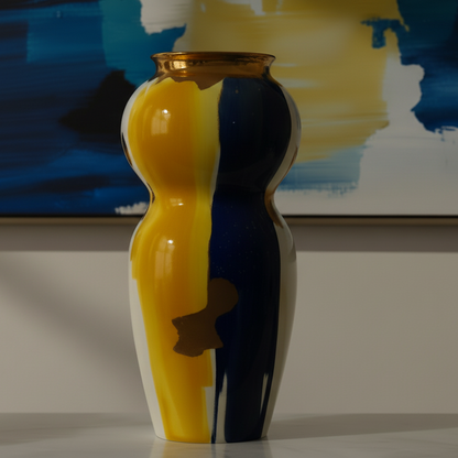 Vase with yellow and black design on a white surface with abstract painting in the background