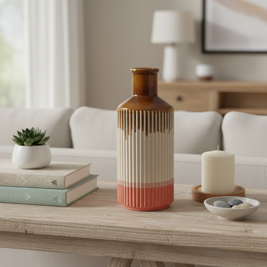 Decorative vase on a coffee table with books, candle, and small plant in a living room setting.